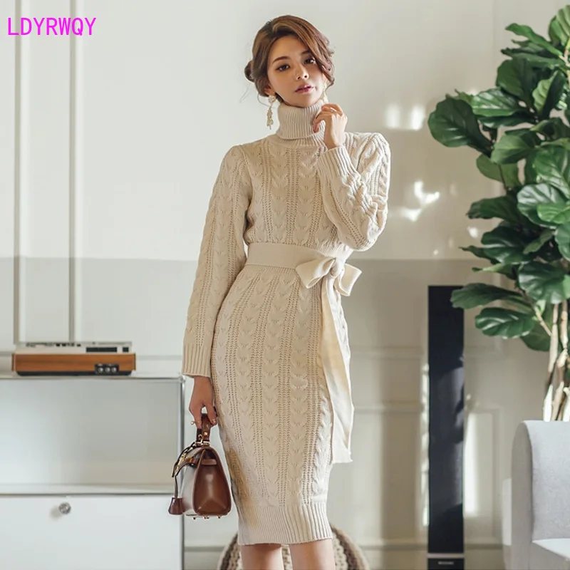 

2019 winter new women's Korean temperament high collar twist knitting fashion belt waist long sweater dress Solid Full