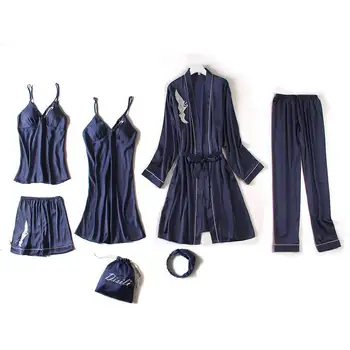 

5PCS Casual Kimono Bathrobe Gown Embroidery Bride Bridesmaid Wedding Robe Set Silky Satin Sleepwear Nightdress Sexy Homewear