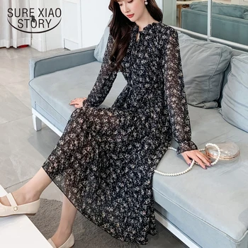 

Spring Stand Collar Long Flare Sleeve Women Dress Mid-calf Vintage Floral Print Chiffon 2020 Ladies Straight Dresses 8210 50