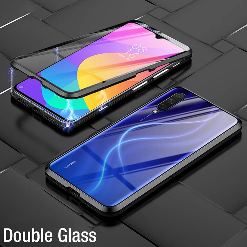 Black Двусторонний магнитный металлический чехол для Xiaomi mi 9 SE 8 CC9 A2 A3 Lite F1 MAX 3 стеклянная крышка для Red mi K20 Note 8T 8 7 10 Pro Чехол - Цвет: Black