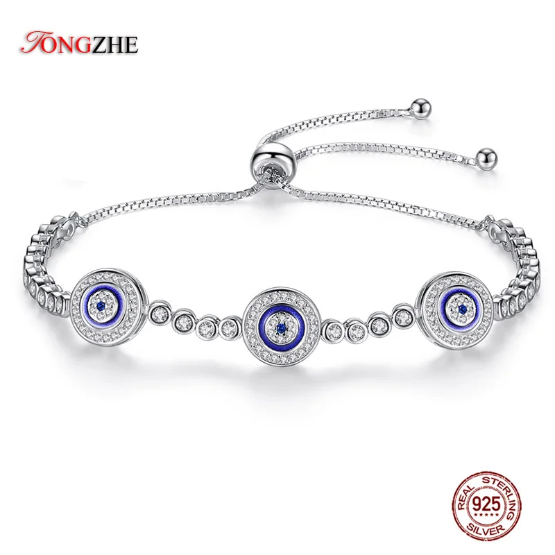 

TONGZHE 925 Sterling Silver Tennis Woman Bracelets Jewelry Cubic Zirconia Blue Round Hamsa Evil Eye Bracelet For Women Men