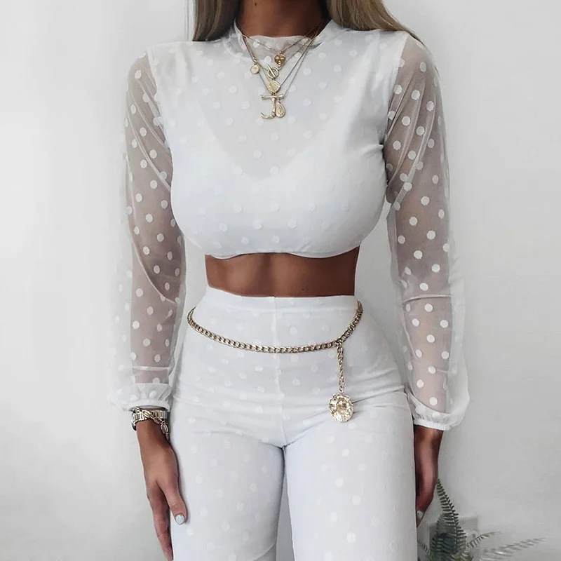 

Polka Dot Mesh Sexy Long Sleeve Two Piece Set Top and Pants Bodycon Matching Sets Club Outfits Fall 2019 New Design AB1624