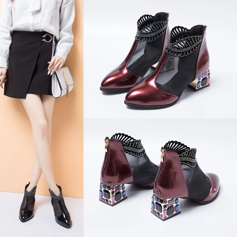 

spring new fashion hollow thick heel sandals patent leather mesh rhinestone sandals female large size 40 pointed toe net boots