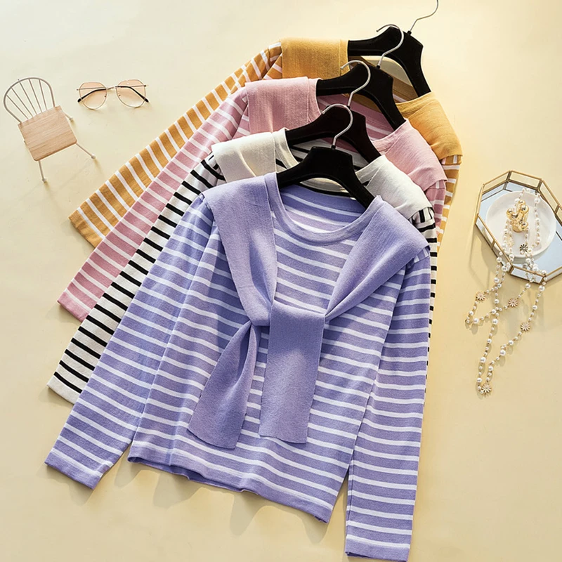 

2020 Autumn Winter Women Pullovers Sweater Knitted Elasticity Casual Jumper Fashion Slim Stripe Shawl Warm Female Sweaters