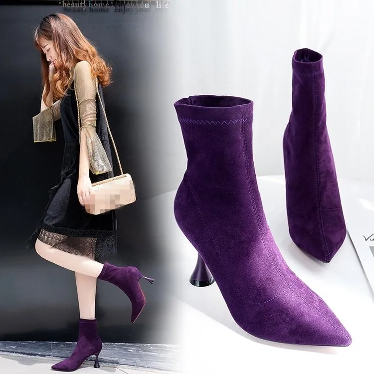 

EOEODOIT Flock Sock Boots 2019 Autumn New Women High Heel Pointed Toe Mid Calf Pumps Shoes
