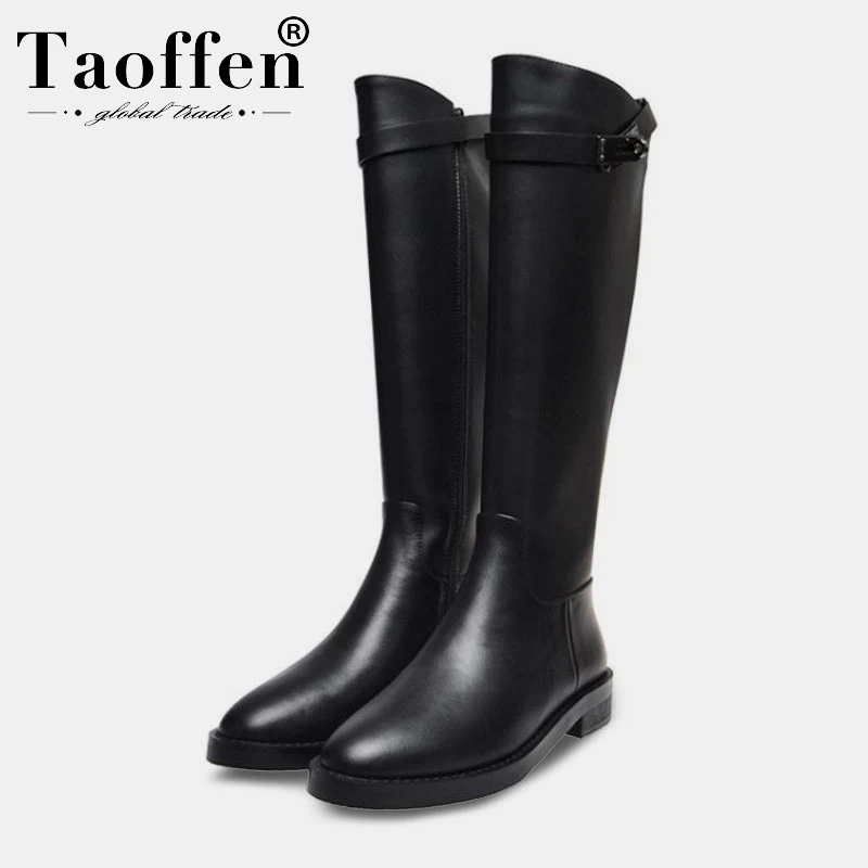 Женские сапоги до колена taofen черные из натуральной кожи на плоской подошве с