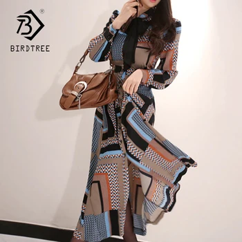 

Vintage Print Elegant Long Dress Women 2019 Spring Single-breasted Shirt Dresses Waist Swing Ankle-length Vestidos D9N105Q