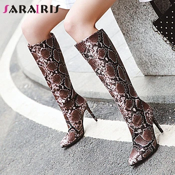 

SARAIRIS Sexy Female Pointed Sanke Print Slip On Winter Boots Mid Calf Boots Women Thin Heels Party Wedding Shoes Woman