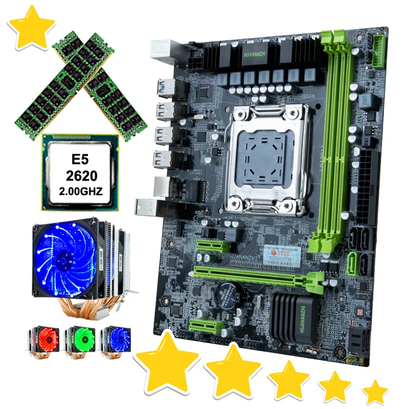 ^Cheap HUANANZHI X79-6M motherboard bundle discount X79 motherboard with CPU Xeon E5 2620 with 6 heatpipes cooler RAM 32G(2*16G) RECC
