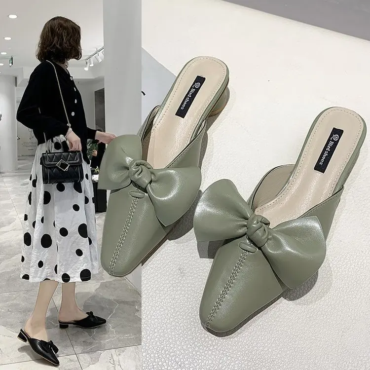 

Sweet Bow Korean-style Slipper 2020 Spring New Style Online Celebrity Pointed Toe Chunky Heel Semi-Slipper Versatile Outer Wear