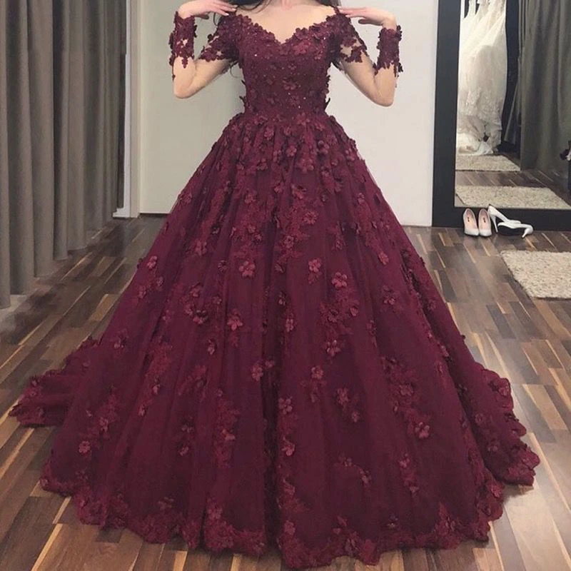 

Elegant Long Sleeves Lace Ball Gown Prom Dresses Burgundy Arabic Engagement Evening Dress Lace with 3d Flowers Prom Party Gowns