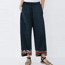 

Elastic Waist Pocketed Cotton Linen Loose Straight Casual Trousers 2021 Vintage Women Wide Legs Summer Geometry Print Pants New