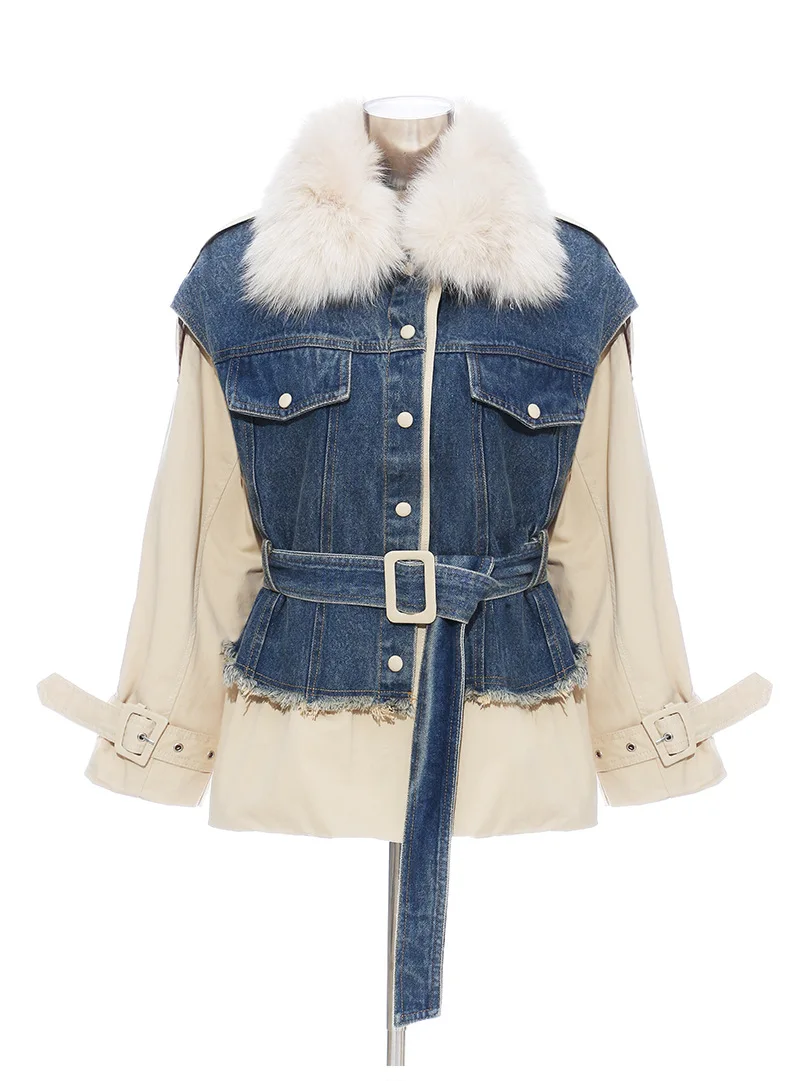 AIMENUNU, зимние популярные цветные джинсовые пальто, женские лоскутные куртки с меховым воротником и длинными рукавами, женские парки с поясом