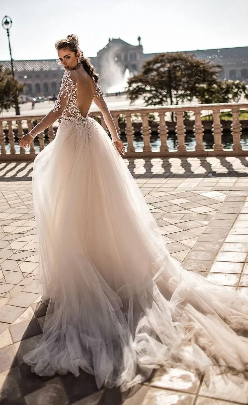 Mermaid Wedding Dresses With Detachable Train Lace Applique Deep V neck Beach Wedding Gowns Sweep Train Long Sleeve Sexy Bridal