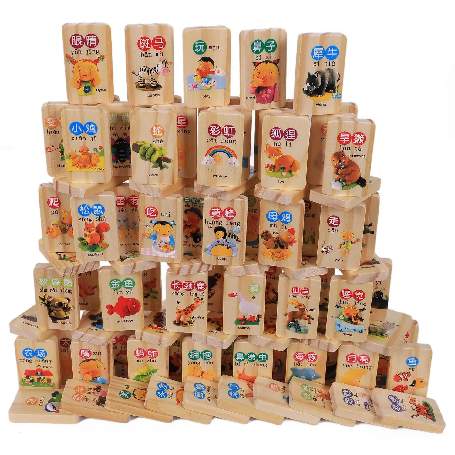 

100pcs wooden blocks domino game Chinese Characters English Letter animal number cartoon pattern learning Cognitive Toys,