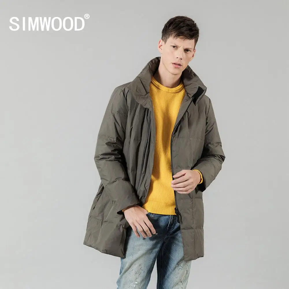 Мужская куртка пуховик SIMWOOD серая приталенная теплая длинная 90% пуха зима