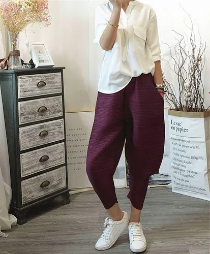Wine Red Однотонные плиссированные штаны-шаровары, большие размеры, женские эластичные брюки с высокой посадкой, талия, морщинки, длина по щиколотку, брюки в японском стиле, новые модные Капри - Цвет: Wine Red