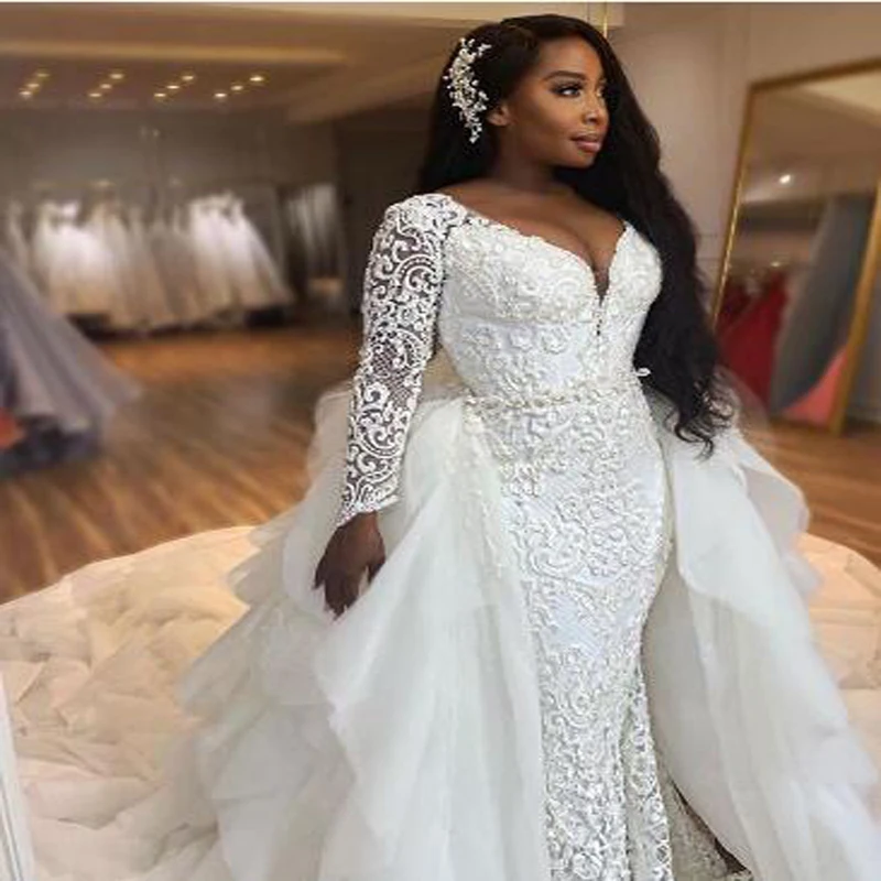 Luxury African Long Sleeve Mermaid Wedding Dresses With Beading Lace Embroidery V Neck Zipper Detachable Train Bridal Gowns