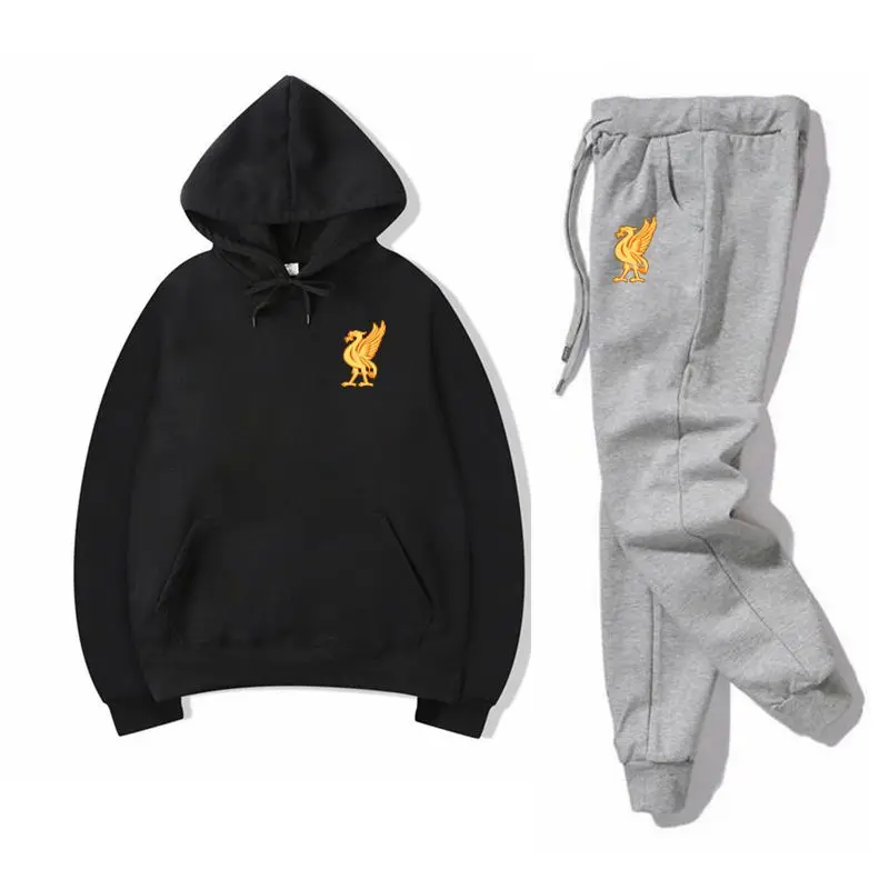 Black gray Спортивный костюм, модная спортивная одежда, комплект из двух предметов, хлопковая флисовая толстовка с капюшоном+ штаны, спортивный костюм для мужчин - Цвет: Black gray