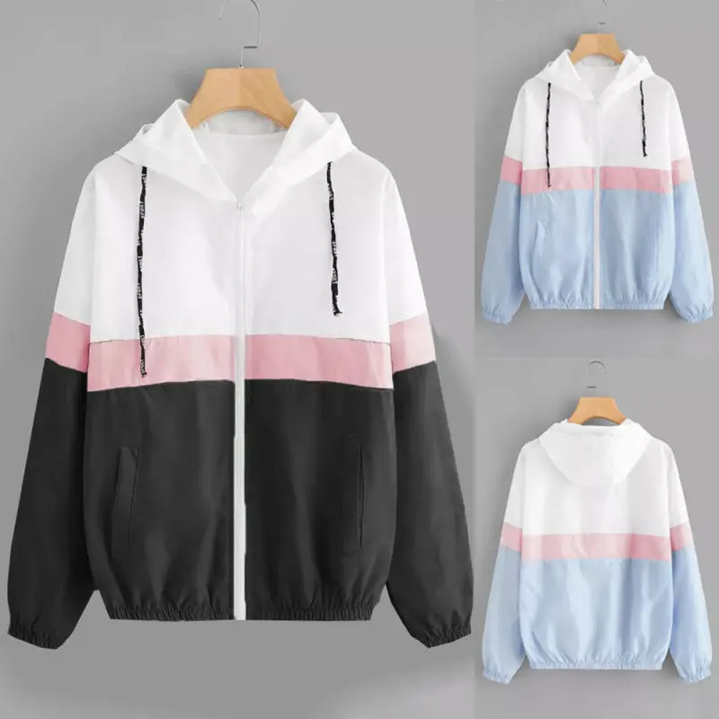 

Womens Ladies Block Windbreaker Long Sleeve Contrast Hooded Jacket Coat Top