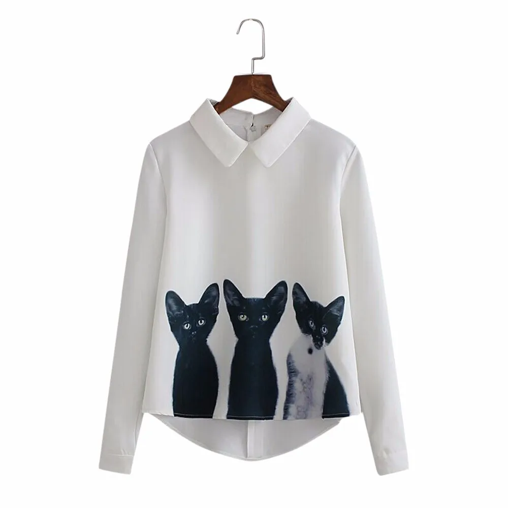 Женские рубашки с котами, Корейская женская блузка, модная шифоновая рубашка, Короткие топы с длинными рукавами, Повседневная блузка, рубашка
