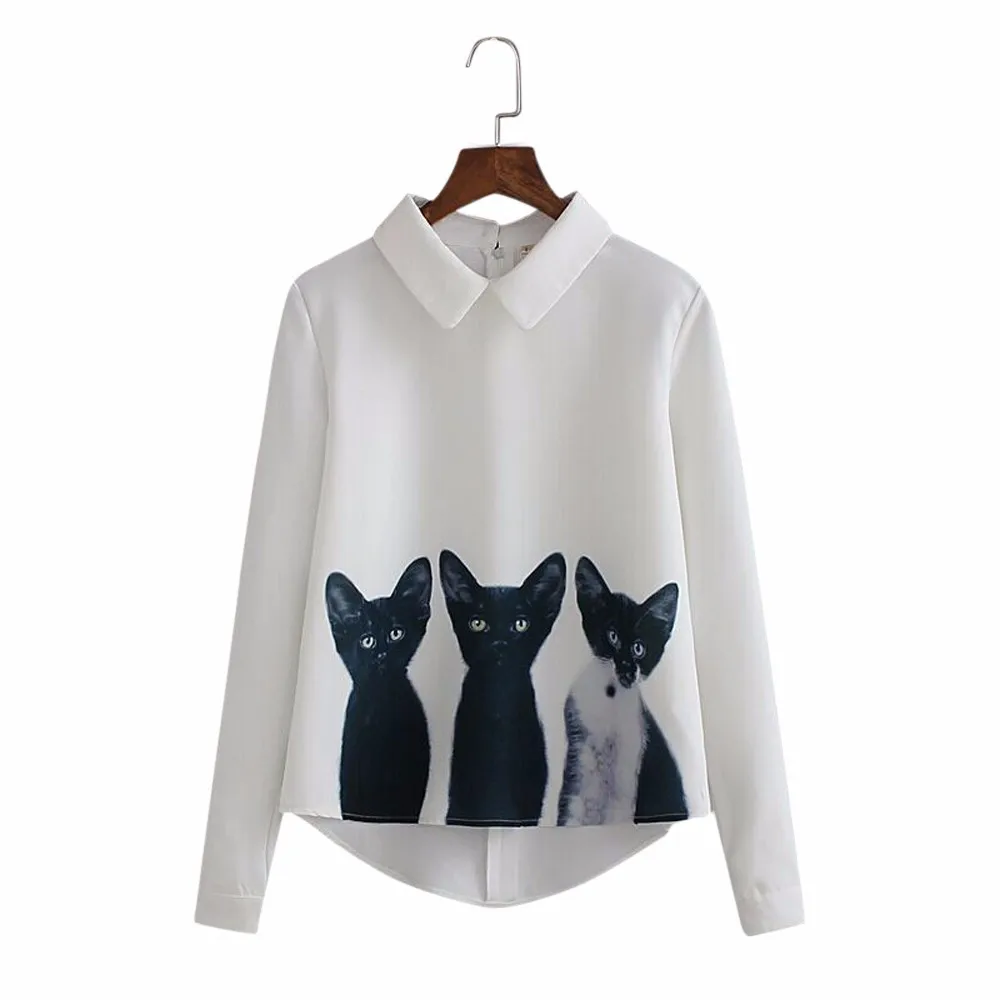 Женские рубашки с котами Корейская женская блузка модная шифоновая рубашка