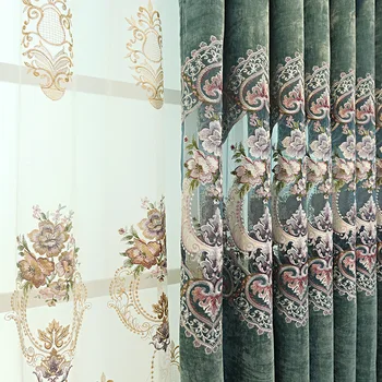 

Practical Custom curtains European luxury high-grade water-soluble embroidered yarn cloth blackout green curtain for rooms