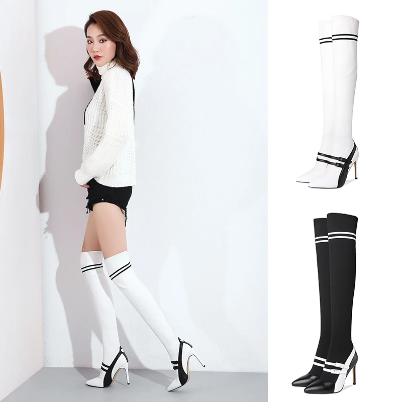 

pointed toe Fine high heel boots Color matching buckle strap Elastic force Over Knee Long Boot Sexy Thigh Socks Cheerleader