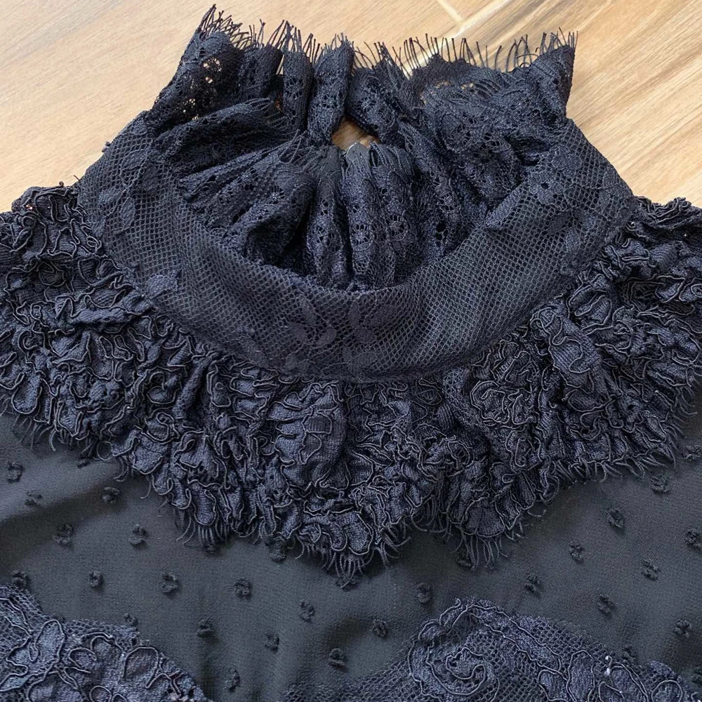 Red RoosaRosee Designer Autumn Women High-end Lace Patchwork Long Lantern Sleeve Black Vintage Party Midi Dress Female Vestidos