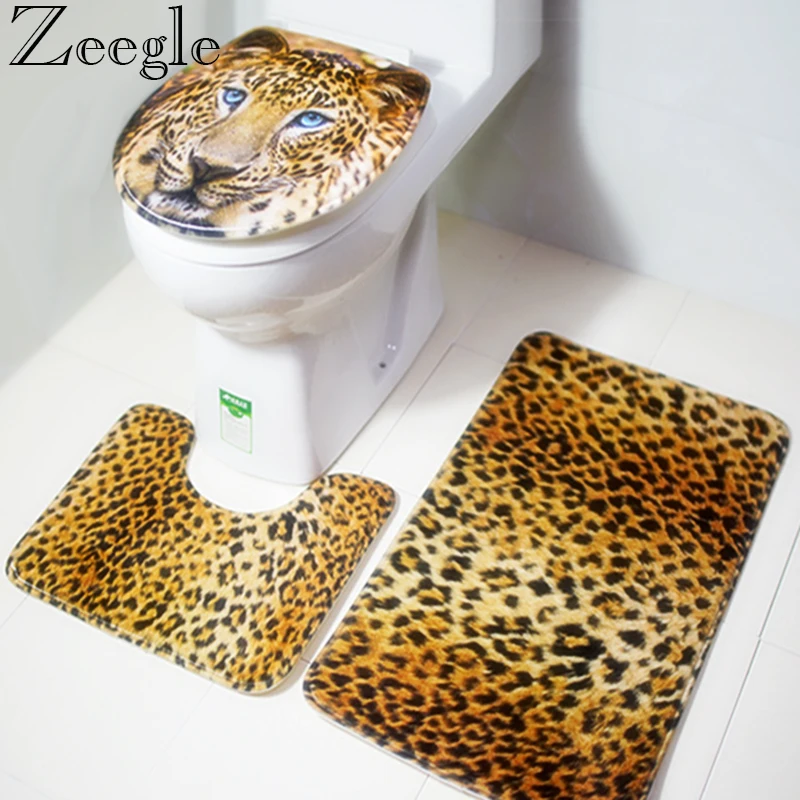 Zeegle Tiger Printed Anti Slip Toilet Carpet Bathroom Mat Flannel Toilet Mat for Three Sets of Bath Mat Water-absorbing Mat