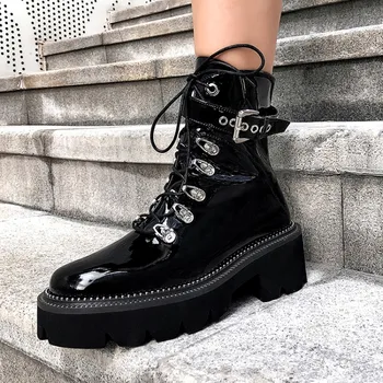 

White Black Leather Motorcycle Chunky Sole Bordered Platform Lace Up Metal Decor Ankle Boots Plus Size Punk Shoes Women