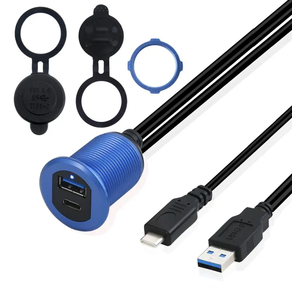 Синий Светодиодный светильник type C 2,0 и USB 3,0 со штыревыми соединителями для подключения к автомобильному креплению, водонепроницаемый удлинитель для автомобиля, грузовика, лодки, мотоцикла, Das - Цвет: Синий