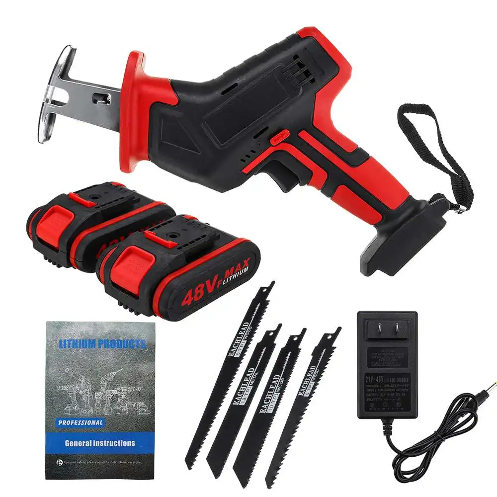 

48V 1/2 Battery Cordless Reciprocating Saw + 4 Saw Blade Metal Wood Cutting Power Tool Portable Woodworking Cutters AC 110V-240V