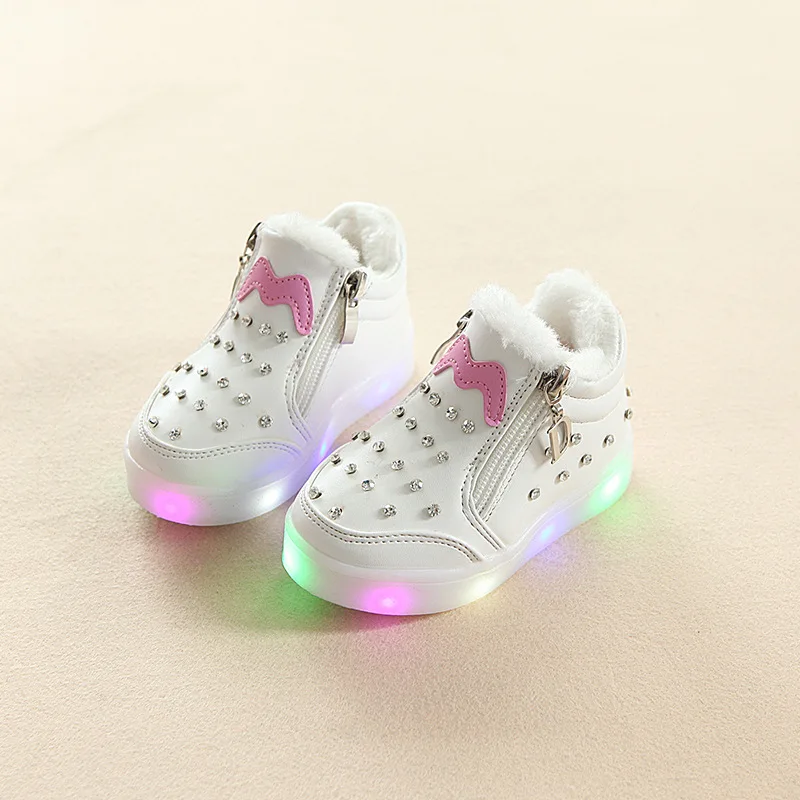 Г., зимние ботинки для маленьких девочек обувь принцессы с бантом и цветами модные короткие ботинки со светящимися вставками теплые хлопковые ботинки светодиодный свет - Цвет: 7