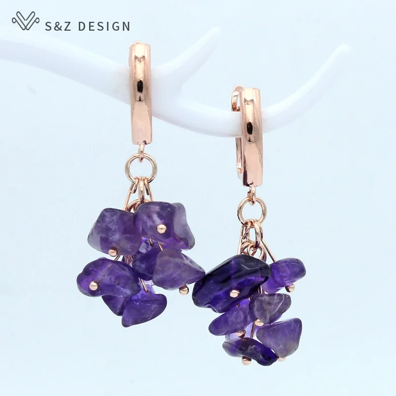 S&Z Korean Fashion Handmade Cluster Irregular Natural Amethysts Garnet Dangle Earrings For Women Fashion Jewelry Fine Eardrop