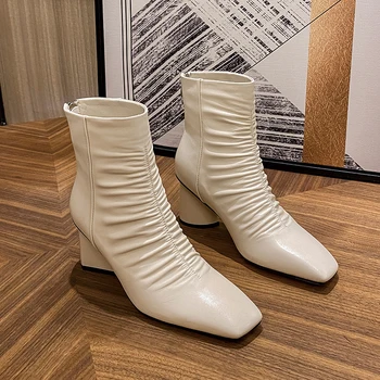 

2021 Women pleated Boots Genuine Leather 2020 Autumn Winter Zipper High Heels ankle boots Party Casual Shoes Woman