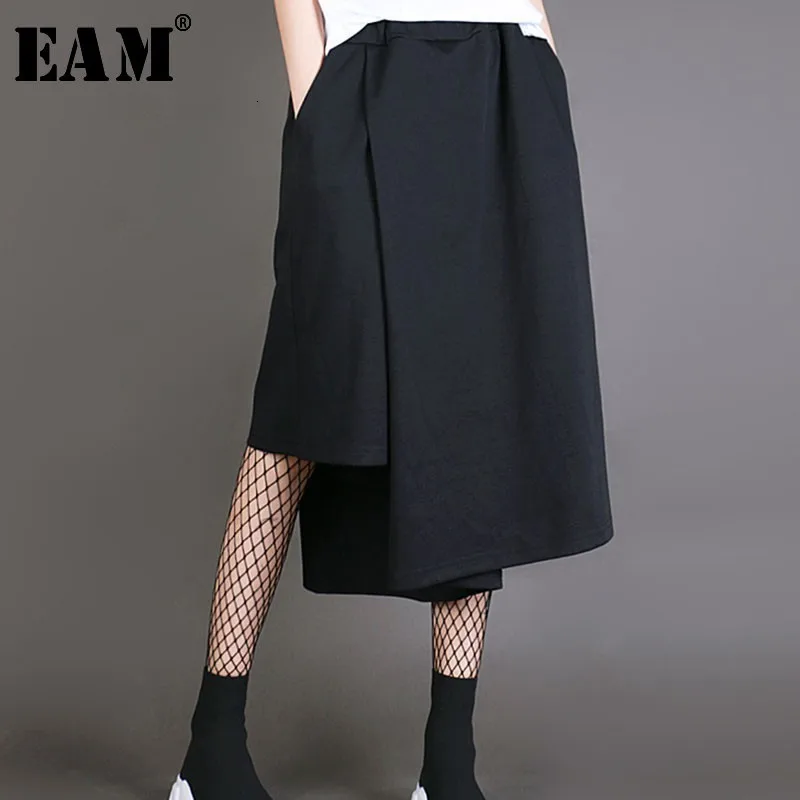 [EAM] Черные Асимметричные широкие брюки с высокой эластичной талией, новые свободные брюки, женские модные весенне-осенние брюки JL914