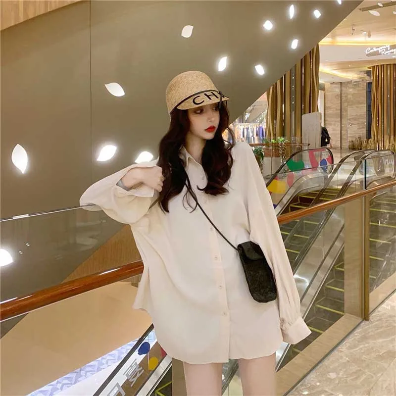 Casual Loose White Shirt Women Lantern Sleeve Blouse Fashion Lapel Oversized Top Shirts 2