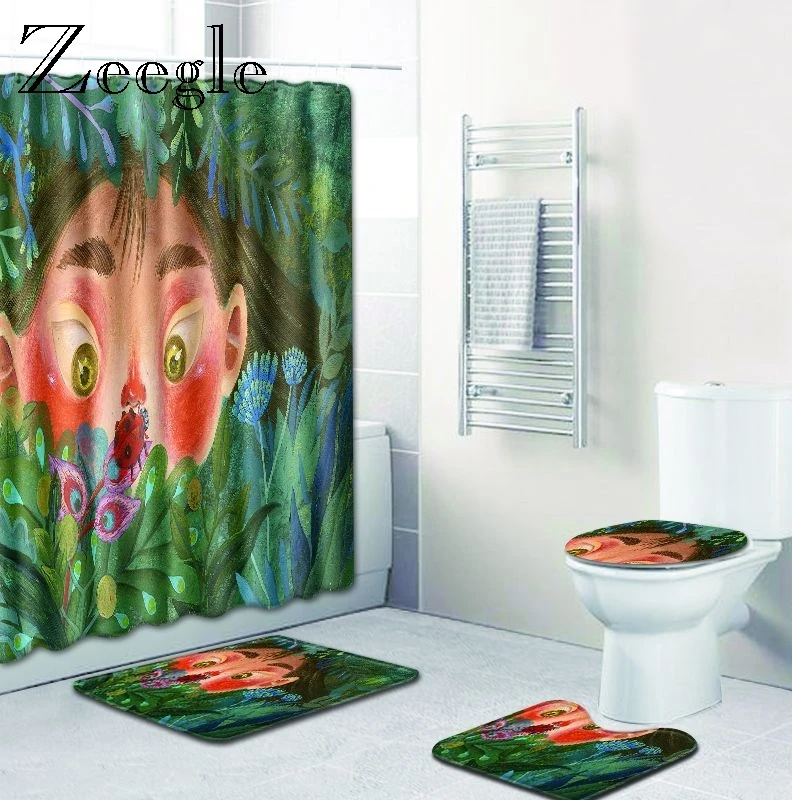 Zeegle 3D печатные коврики и коврики для ванной комнаты ковер для душа 3 шт. и занавеска для душа водонепроницаемый микрофибра Нескользящие Коврики для душа