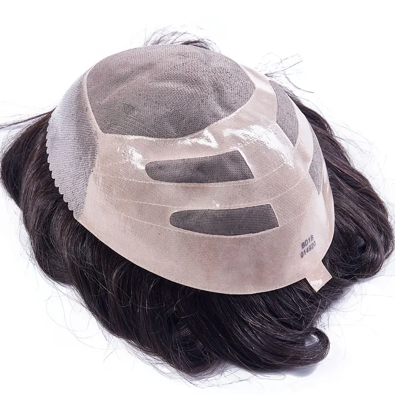 Mens Toupee Wig Replacement Systems Hairpiece Mono Lace With Thin PU 8x10 Natural Remy Indian Human Hair Handmade
