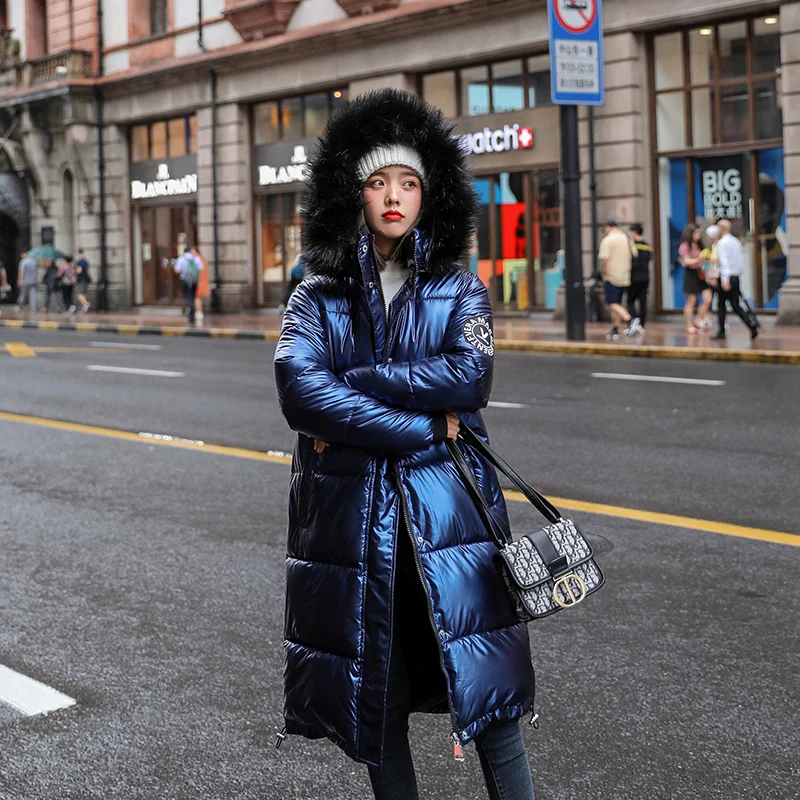 

Winter 2009 New Big Collars Down Cotton Jacket Long Thickened Bright Jacket High Quality Hooded Coat