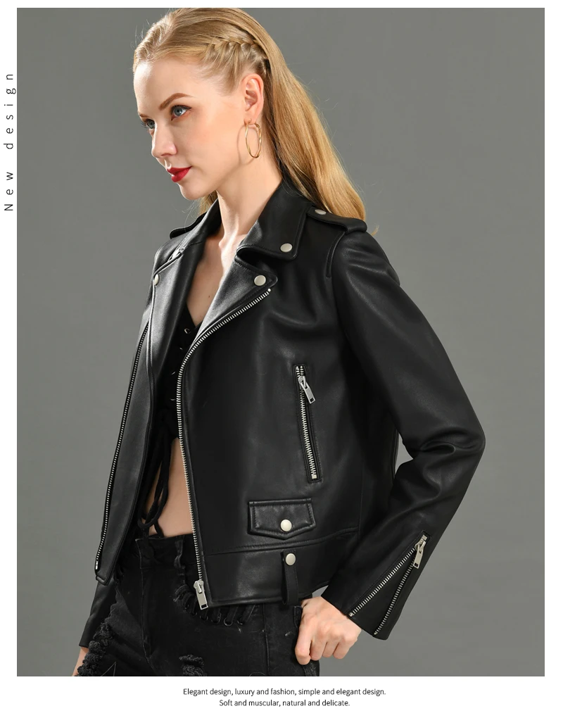 Spring Genuine Leather Jacket Women Fashion Real Sheepskin Coat Rivet ...