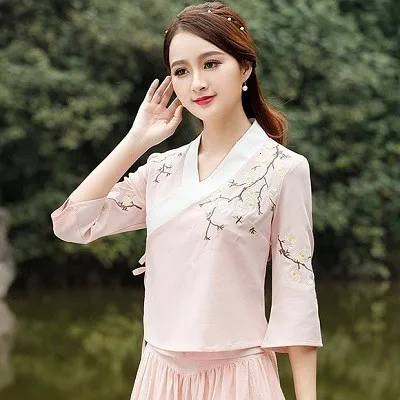 pink colour Hanfu костюмы рубашка Античная Мода вышивка художественная восстановление чай церемония китайский стиль Одежда Qipao народные женские топы синий - Цвет: pink colour
