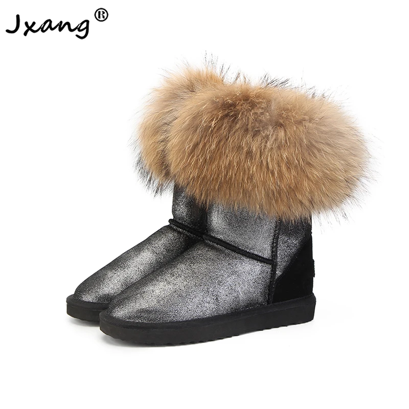 

JXANG 2020 Hot Sale Genuine Leather Women's Snow Boots 100% Natural fox Fur Boots Winter Hot Women's Boots Free Shipping