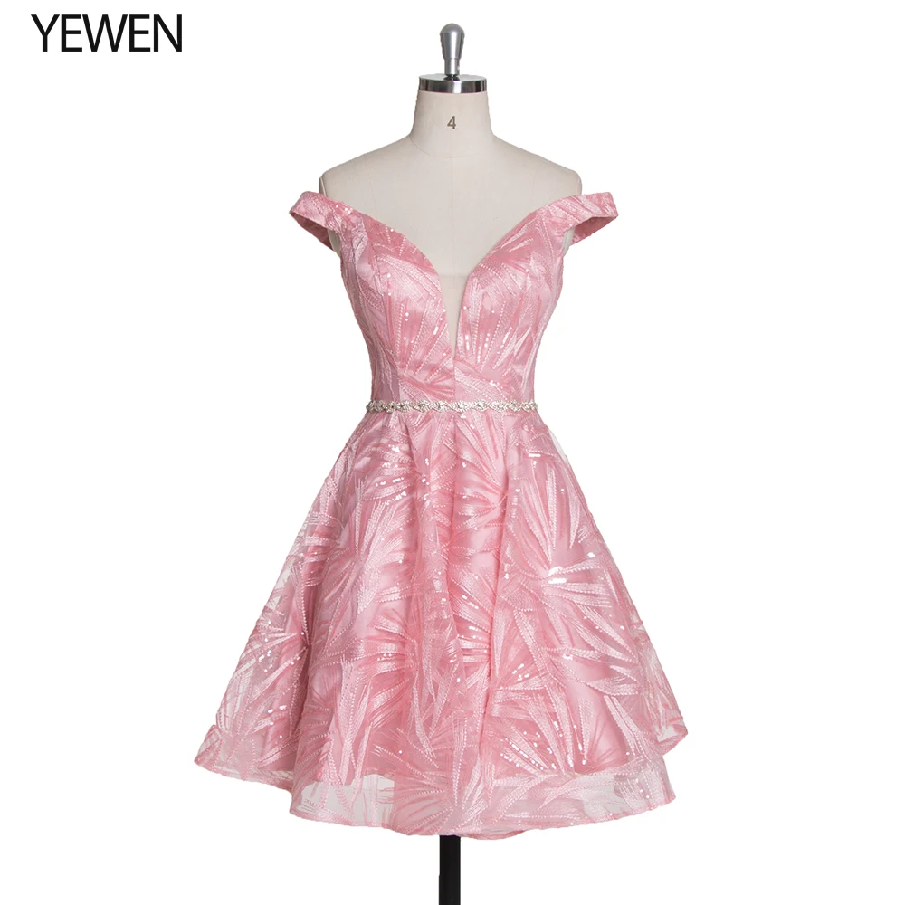 

Elegant Lace Prom Dress Simple Short Off Shoulder Party Formal Gown Pink Corset Backless