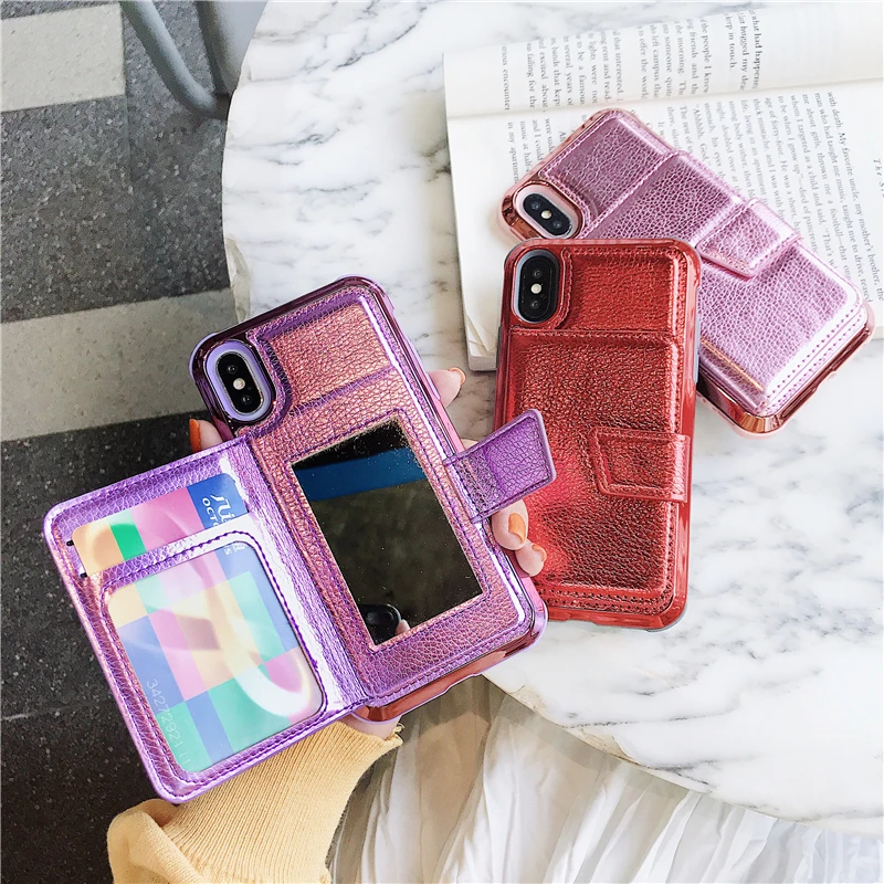 

Sdreefge Luxurious PU Leather Card Bag Phone Case For iphone XS Max X XR 6 6S 7 8 Plus Fashion With Mirror Soft TPU Back Cover