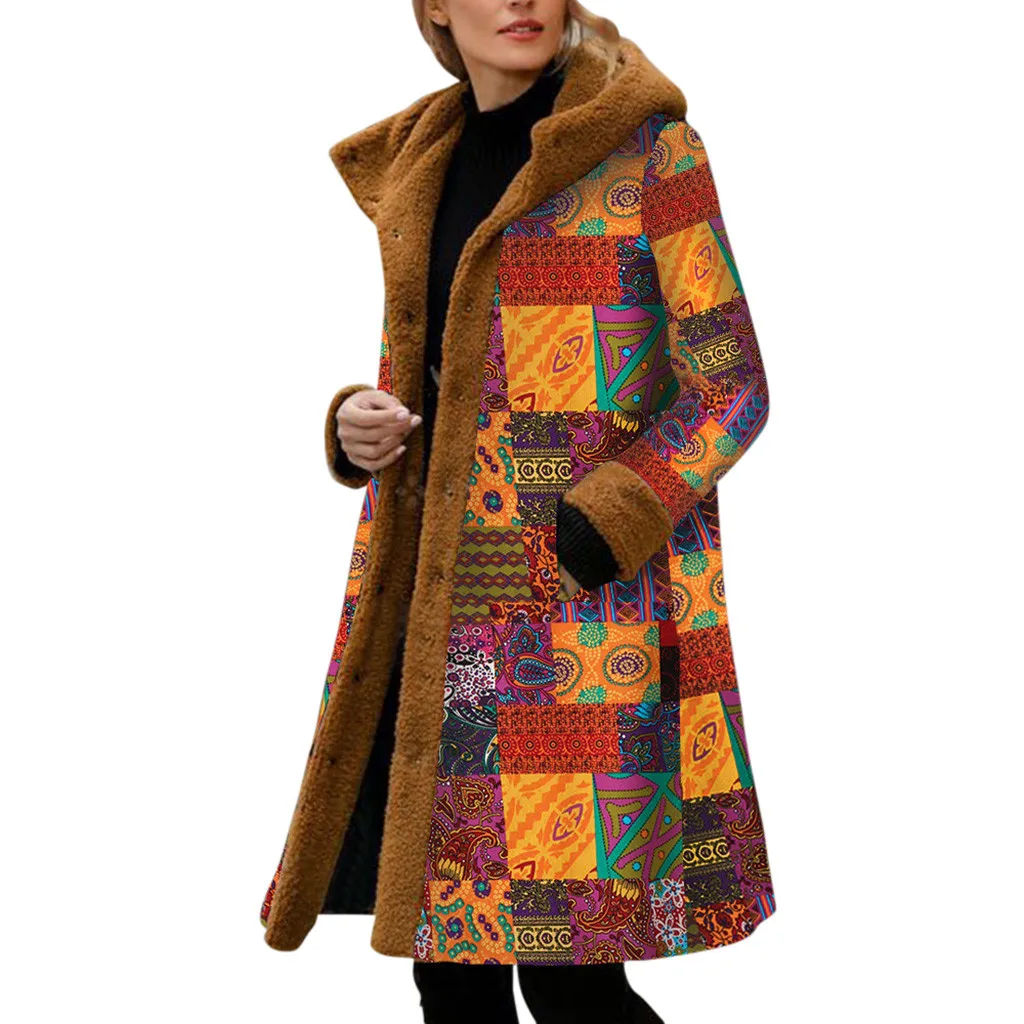 Модное пальто с капюшоном из искусственного меха для женщин, винтажное флисовое пальто с капюшоном и длинным рукавом, зимнее пальто на пуговицах размера плюс, длинное пальто# g3 - Цвет: Оранжевый