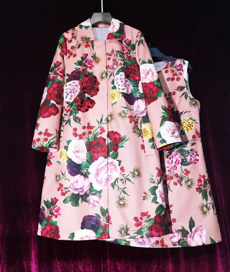 Qian Han Zi Designer fashion coat two piece set Women's Long Sleeve Crystal Elegant coat+flower print dress winter Suit set