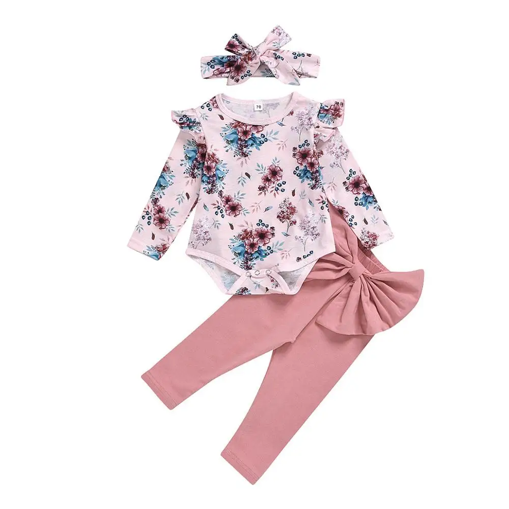 

0-24M Newborn Infant Clothes 2020 Kids Baby Girl Flower Ruffles Romper Long Sleeve Body Suits Tops+Pants+Headband 3PCS Suit