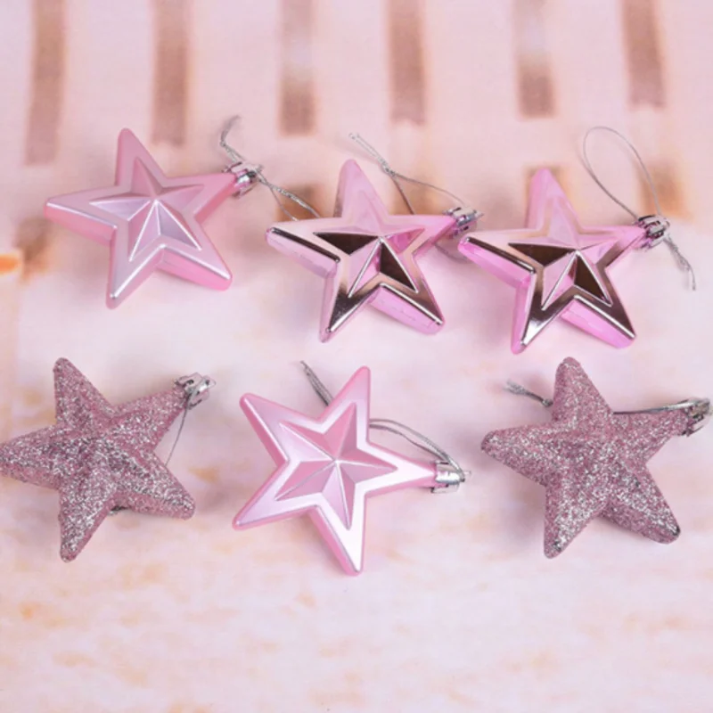 Set of 6 Five-Pointed Star Christmas Tree Hanging Ornaments - Festive Holiday Decorations